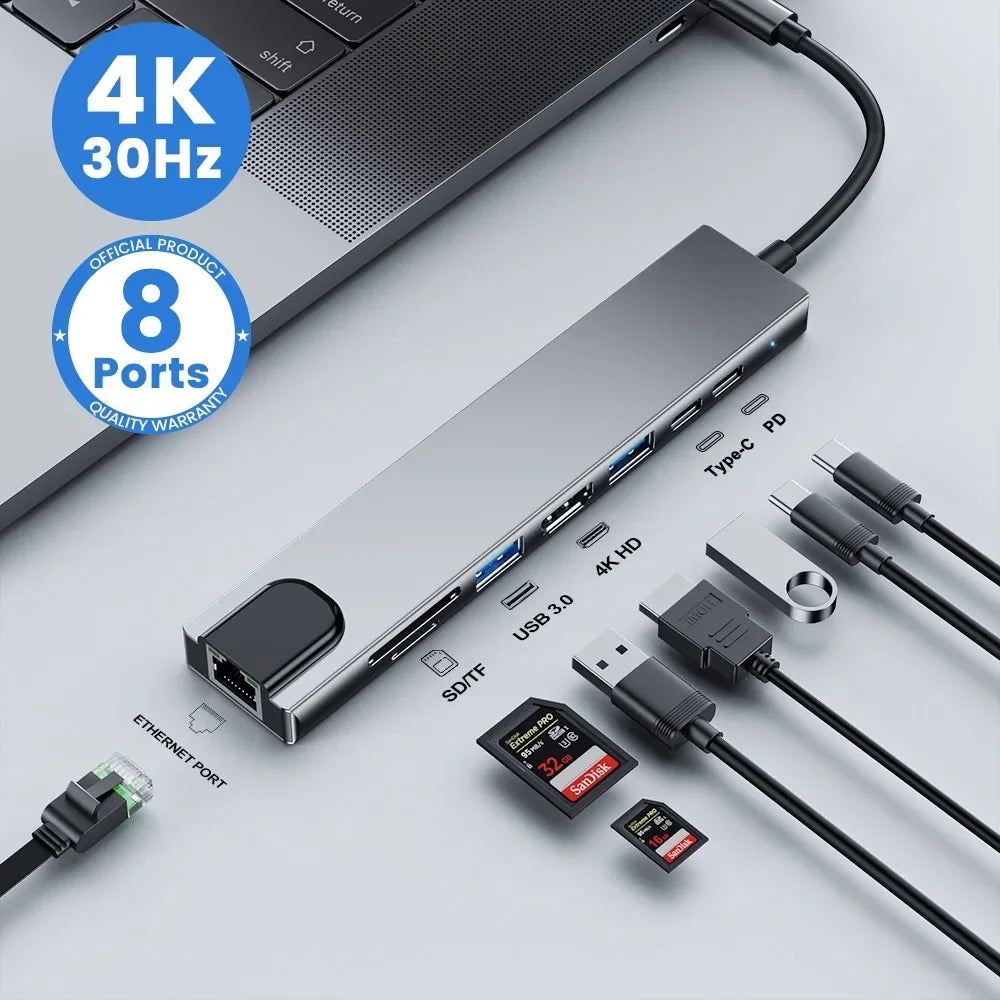 8-in-1 Type-C Hub with 4K HDMI & RJ45 - PlusGamer